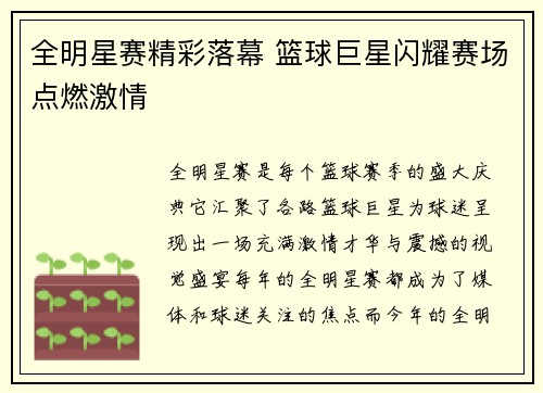 全明星赛精彩落幕 篮球巨星闪耀赛场点燃激情