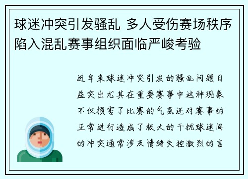 球迷冲突引发骚乱 多人受伤赛场秩序陷入混乱赛事组织面临严峻考验