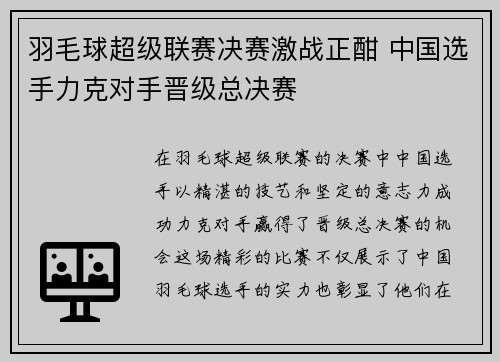 羽毛球超级联赛决赛激战正酣 中国选手力克对手晋级总决赛