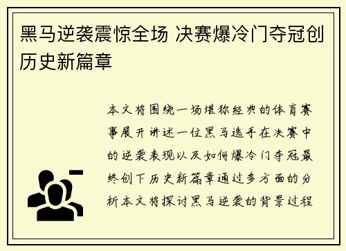 黑马逆袭震惊全场 决赛爆冷门夺冠创历史新篇章