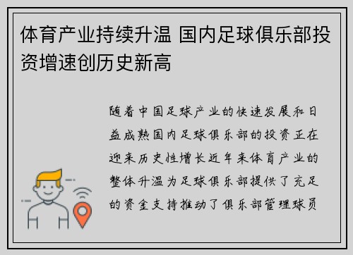 体育产业持续升温 国内足球俱乐部投资增速创历史新高